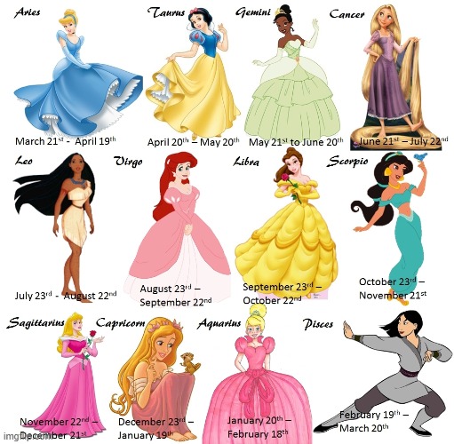 If the signs were Disney princesses | image tagged in disney,disney princesses,pocahontas,leo | made w/ Imgflip meme maker