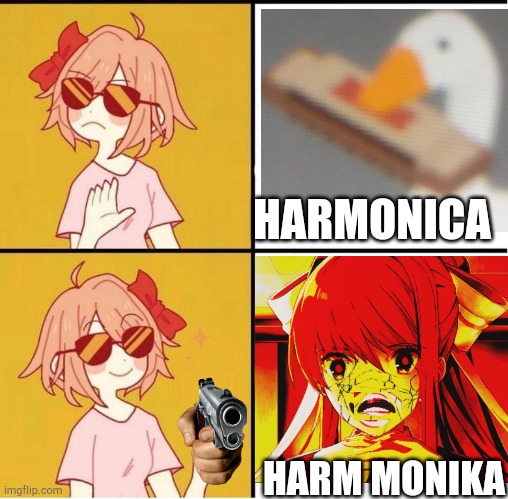 In a MVPerry video but I made it better | HARMONICA; HARM MONIKA | image tagged in sayori drake | made w/ Imgflip meme maker