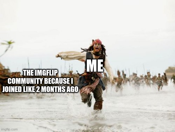 Jack Sparrow Being Chased | ME; THE IMGFLIP COMMUNITY BECAUSE I JOINED LIKE 2 MONTHS AGO | image tagged in memes,jack sparrow being chased | made w/ Imgflip meme maker