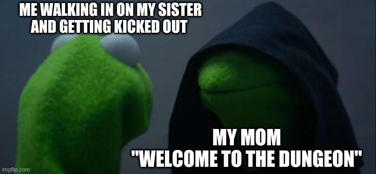 Evil Kermit Meme | ME WALKING IN ON MY SISTER

AND GETTING KICKED OUT; MY MOM 
"WELCOME TO THE DUNGEON" | image tagged in memes,evil kermit | made w/ Imgflip meme maker