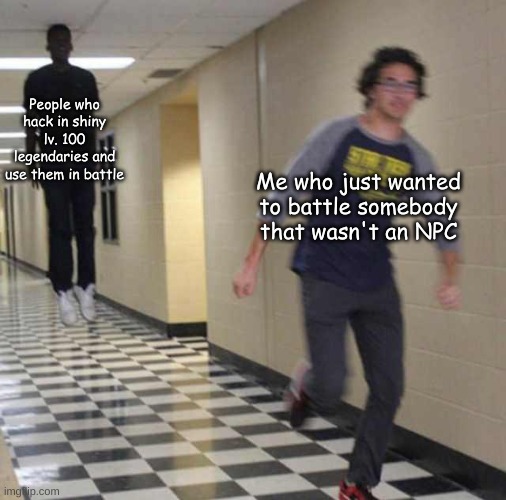 To the guys that hack: Stop it. You're making it not very fun. | People who hack in shiny lv. 100 legendaries and use them in battle; Me who just wanted to battle somebody that wasn't an NPC | image tagged in floating boy chasing running boy | made w/ Imgflip meme maker