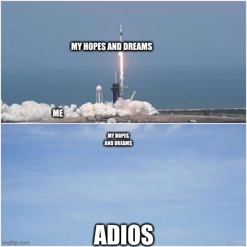 SpaceX launch May 30 2020 | MY HOPES AND DREAMS; ME; MY HOPES AND DREAMS; ADIOS | image tagged in spacex launch may 30 2020 | made w/ Imgflip meme maker