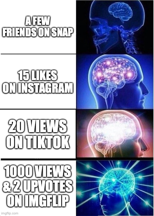 funny clout |  A FEW FRIENDS ON SNAP; 15 LIKES ON INSTAGRAM; 20 VIEWS ON TIKTOK; 1000 VIEWS & 2 UPVOTES ON IMGFLIP | image tagged in memes,expanding brain,tik tok,instagram | made w/ Imgflip meme maker