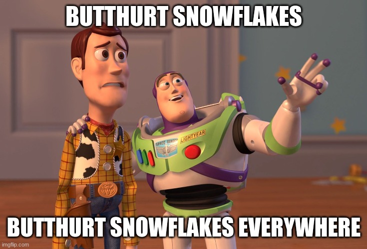 X, X Everywhere Meme | BUTTHURT SNOWFLAKES BUTTHURT SNOWFLAKES EVERYWHERE | image tagged in memes,x x everywhere | made w/ Imgflip meme maker