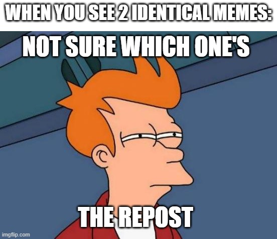 and then i realize i can look at the time when they were made | WHEN YOU SEE 2 IDENTICAL MEMES:; NOT SURE WHICH ONE'S; THE REPOST | image tagged in memes,futurama fry,repost | made w/ Imgflip meme maker