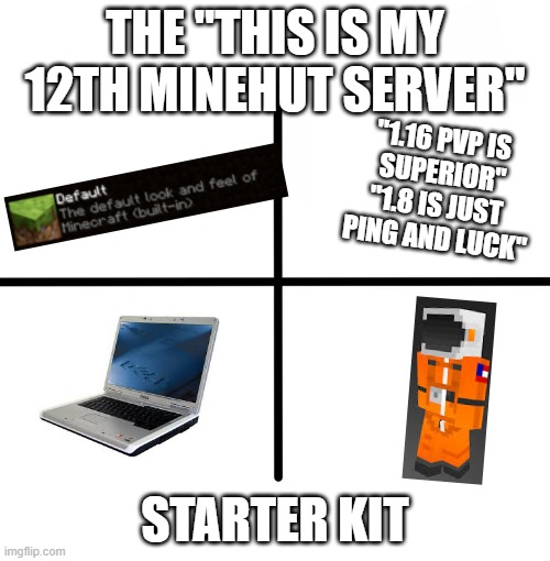 Minehut Starter kit | THE "THIS IS MY 12TH MINEHUT SERVER"; "1.16 PVP IS 
SUPERIOR"
"1.8 IS JUST 
PING AND LUCK"; STARTER KIT | image tagged in memes,blank starter pack | made w/ Imgflip meme maker