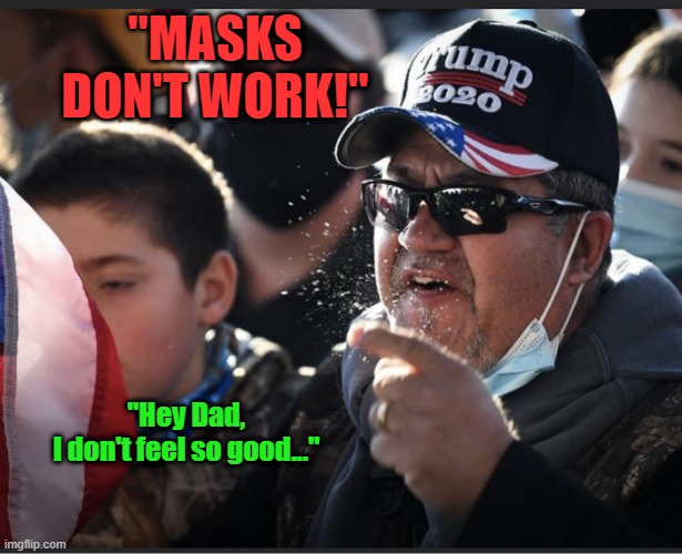 Masks don't work | "MASKS DON'T WORK!"; "Hey Dad,
I don't feel so good..." | image tagged in covid,covid19,covidiots,trump,mask,face mask | made w/ Imgflip meme maker