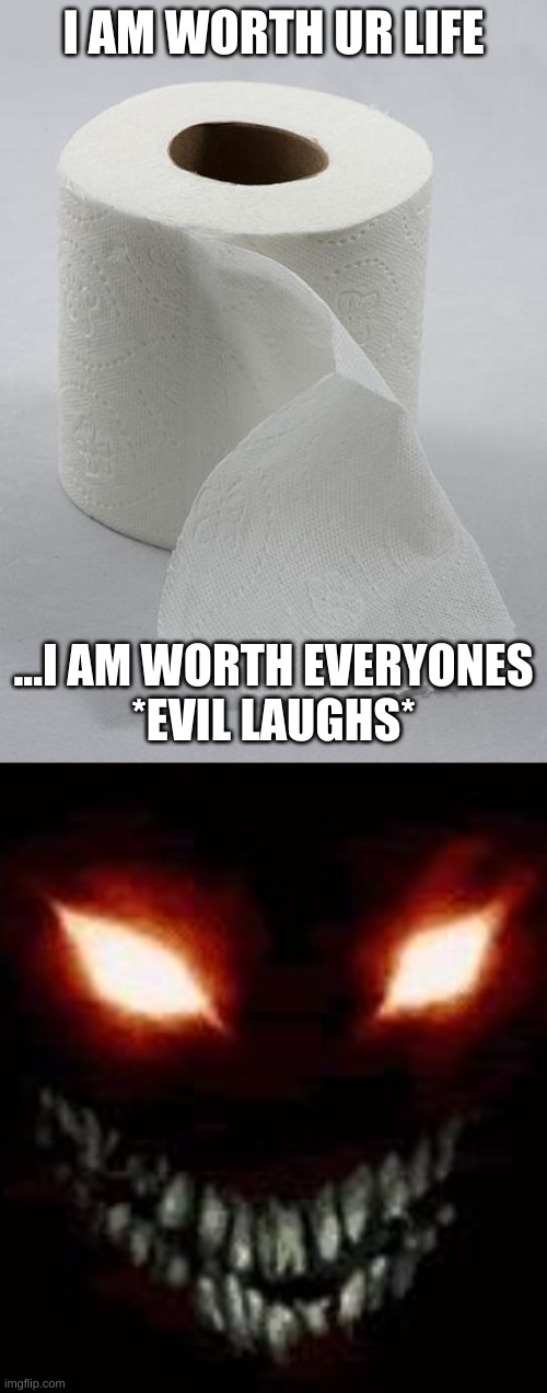 I AM WORTH UR LIFE; ...I AM WORTH EVERYONES
*EVIL LAUGHS* | image tagged in toilet paper,evil eye | made w/ Imgflip meme maker
