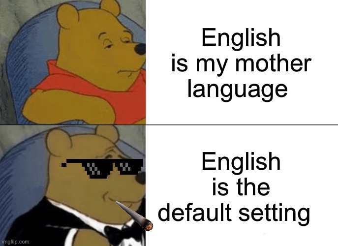 Tuxedo Winnie The Pooh Meme | English is my mother language; English is the default setting | image tagged in memes,tuxedo winnie the pooh | made w/ Imgflip meme maker