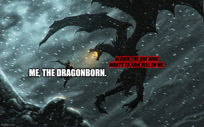 Fus Ro Dah | ALDUIN, THE ONE WHO WANTS TO RAIN HELL ON ME. ME, THE DRAGONBORN. | image tagged in dovahkiin vs alduin,alduin,memes,funny memes,skyrim meme | made w/ Imgflip meme maker