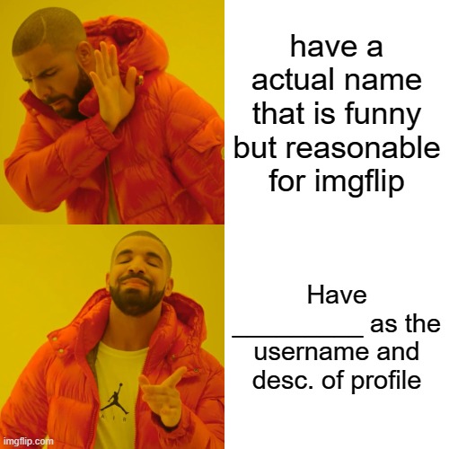 ____________________________________________________ | have a actual name that is funny but reasonable for imgflip; Have _________ as the username and desc. of profile | image tagged in memes,__________________________________________ | made w/ Imgflip meme maker