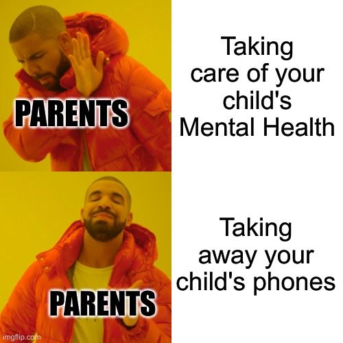 Why do they do this | Taking care of your child's Mental Health; PARENTS; Taking away your child's phones; PARENTS | image tagged in memes,drake hotline bling | made w/ Imgflip meme maker