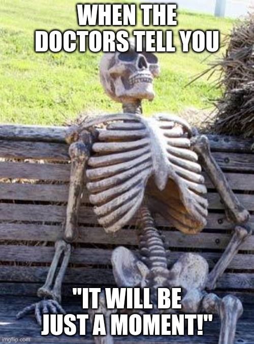 waiting | WHEN THE DOCTORS TELL YOU; "IT WILL BE JUST A MOMENT!" | image tagged in memes,waiting skeleton | made w/ Imgflip meme maker