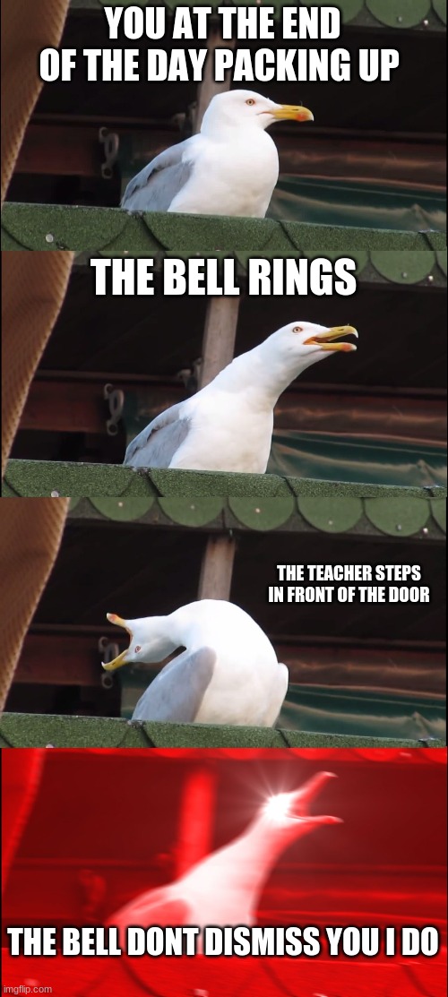 Inhaling Seagull Meme | YOU AT THE END OF THE DAY PACKING UP; THE BELL RINGS; THE TEACHER STEPS IN FRONT OF THE DOOR; THE BELL DONT DISMISS YOU I DO | image tagged in memes,inhaling seagull | made w/ Imgflip meme maker