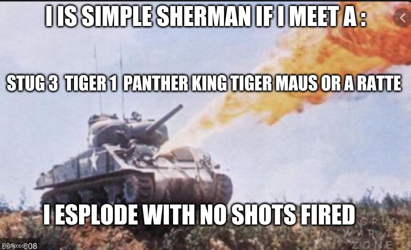 the american | I IS SIMPLE SHERMAN IF I MEET A :; STUG 3  TIGER 1  PANTHER KING TIGER MAUS OR A RATTE; I ESPLODE WITH NO SHOTS FIRED | image tagged in the american,history,ww2,tonk,sherman,tiger | made w/ Imgflip meme maker