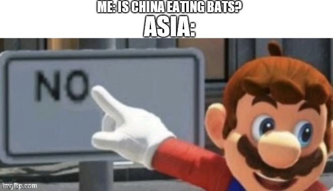 Most of China are a single bat. | ME: IS CHINA EATING BATS? ASIA: | image tagged in mario no sign,china,bats | made w/ Imgflip meme maker