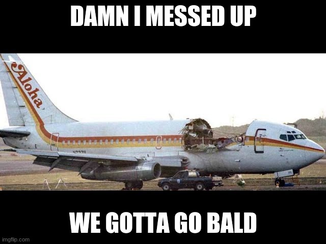 Plane with a shave | DAMN I MESSED UP; WE GOTTA GO BALD | image tagged in plane | made w/ Imgflip meme maker