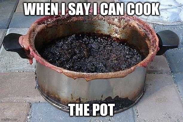 Burned food | WHEN I SAY I CAN COOK; THE POT | image tagged in burned food | made w/ Imgflip meme maker