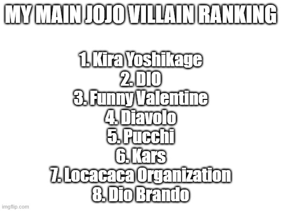 Blank White Template | MY MAIN JOJO VILLAIN RANKING; 1. Kira Yoshikage
2. DIO
3. Funny Valentine
4. Diavolo
5. Pucchi
6. Kars
7. Locacaca Organization
8. Dio Brando | image tagged in blank white template | made w/ Imgflip meme maker