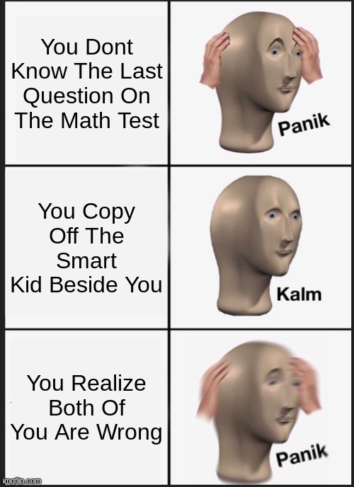 Why Does This Relate? | You Dont Know The Last Question On The Math Test; You Copy Off The Smart Kid Beside You; You Realize Both Of You Are Wrong | image tagged in memes,panik kalm panik | made w/ Imgflip meme maker