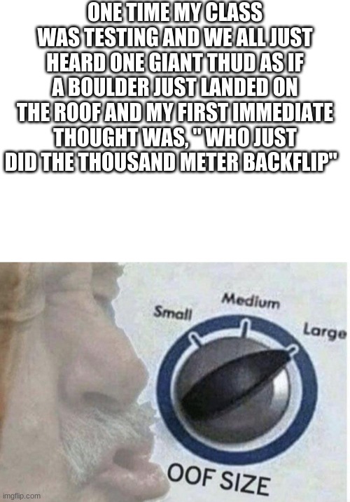 ONE TIME MY CLASS WAS TESTING AND WE ALL JUST HEARD ONE GIANT THUD AS IF A BOULDER JUST LANDED ON THE ROOF AND MY FIRST IMMEDIATE THOUGHT WAS, " WHO JUST DID THE THOUSAND-METER BACKFLIP" | image tagged in blank white template,oof size large | made w/ Imgflip meme maker