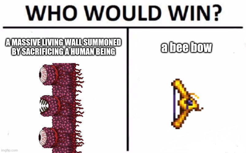 Who Would Win? Meme | A MASSIVE LIVING WALL SUMMONED BY SACRIFICING A HUMAN BEING; a bee bow | image tagged in memes,who would win | made w/ Imgflip meme maker
