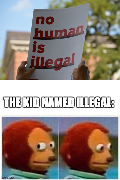 GET OVER HERE ILLEGAL | THE KID NAMED ILLEGAL: | image tagged in memes,monkey puppet | made w/ Imgflip meme maker