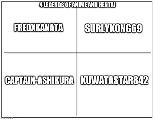 Legends of Anime and Hentai | 4 LEGENDS OF ANIME AND HENTAI; FREDXKANATA; SURLYKONG69; CAPTAIN-ASHIKURA; KUWATASTAR842 | image tagged in 4 square grid,anime | made w/ Imgflip meme maker