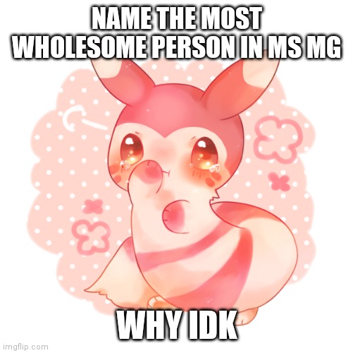 Ferret pokemon | NAME THE MOST WHOLESOME PERSON IN MS MG; WHY IDK | image tagged in ferret pokemon | made w/ Imgflip meme maker