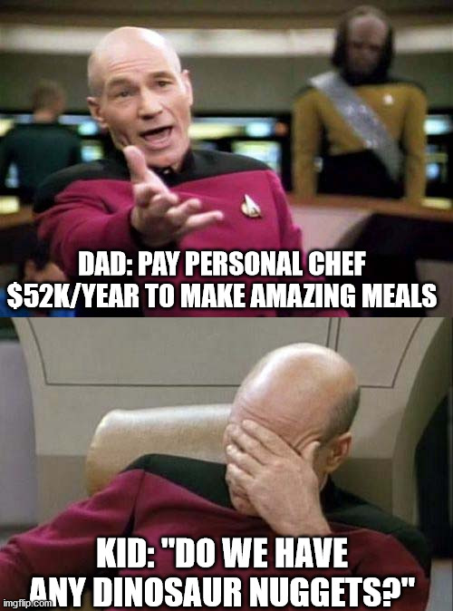 How to lose 1 million followers in 10 seconds |  DAD: PAY PERSONAL CHEF $52K/YEAR TO MAKE AMAZING MEALS; KID: "DO WE HAVE ANY DINOSAUR NUGGETS?" | image tagged in nuggets,dino,thanksgiving dinner,chef,gratitude,irony | made w/ Imgflip meme maker