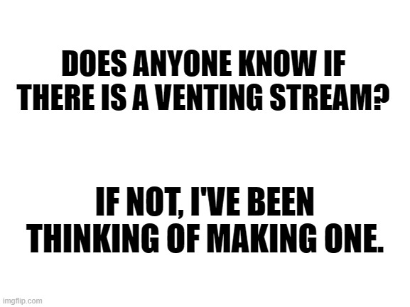 Venting as in just shouting your frustrations into the void | DOES ANYONE KNOW IF THERE IS A VENTING STREAM? IF NOT, I'VE BEEN THINKING OF MAKING ONE. | image tagged in blank white template | made w/ Imgflip meme maker