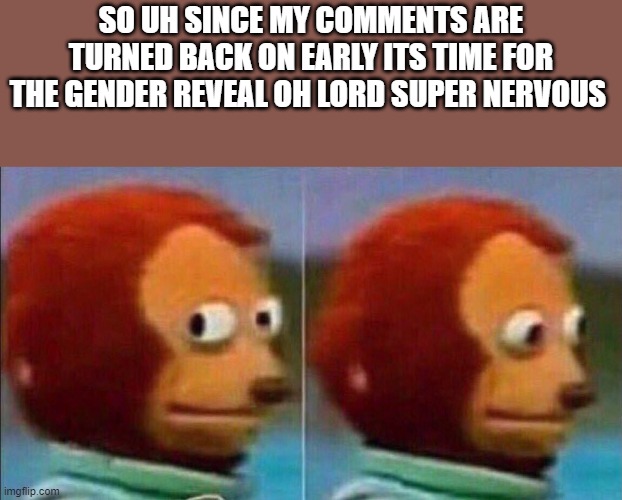 ... | SO UH SINCE MY COMMENTS ARE TURNED BACK ON EARLY ITS TIME FOR THE GENDER REVEAL OH LORD SUPER NERVOUS | image tagged in monkey looking away | made w/ Imgflip meme maker