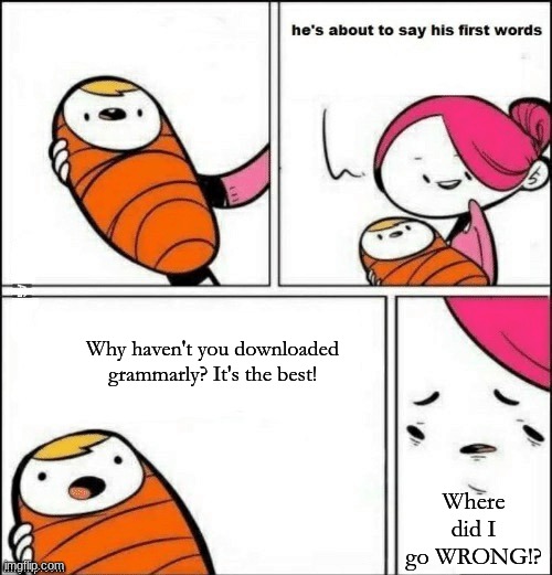 baby first words | Why haven't you downloaded grammarly? It's the best! Where did I go WRONG!? | image tagged in baby first words,funny memes,mwahahaha | made w/ Imgflip meme maker