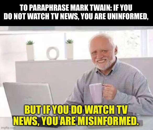 TV News | TO PARAPHRASE MARK TWAIN: IF YOU DO NOT WATCH TV NEWS, YOU ARE UNINFORMED, BUT IF YOU DO WATCH TV NEWS, YOU ARE MISINFORMED. | image tagged in harold | made w/ Imgflip meme maker