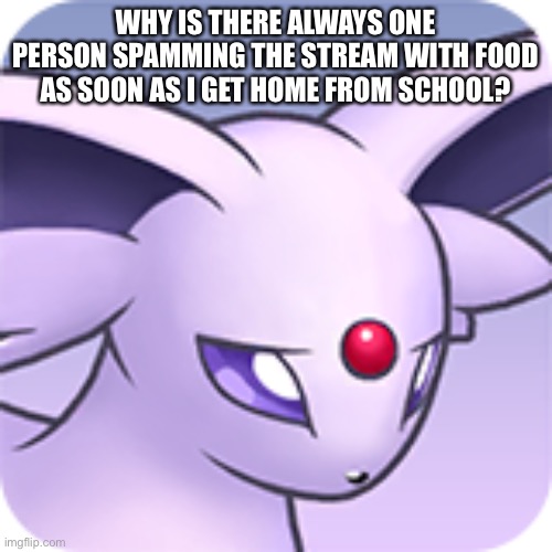 Stop please | WHY IS THERE ALWAYS ONE PERSON SPAMMING THE STREAM WITH FOOD AS SOON AS I GET HOME FROM SCHOOL? | made w/ Imgflip meme maker