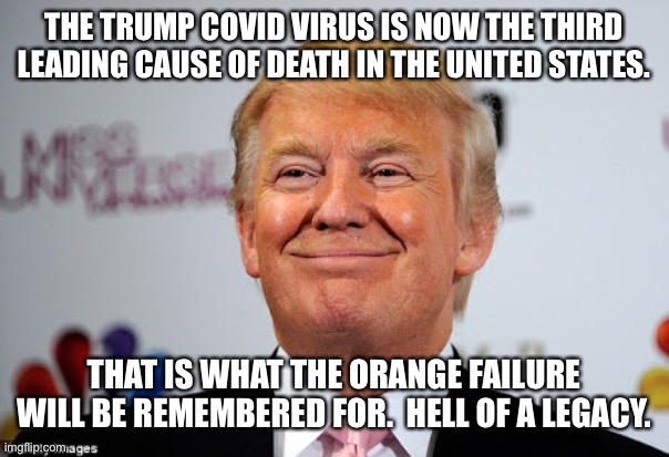Donald trump approves | THE TRUMP COVID VIRUS IS NOW THE THIRD LEADING CAUSE OF DEATH IN THE UNITED STATES. THAT IS WHAT THE ORANGE FAILURE WILL BE REMEMBERED FOR.  HELL OF A LEGACY. | image tagged in donald trump approves | made w/ Imgflip meme maker
