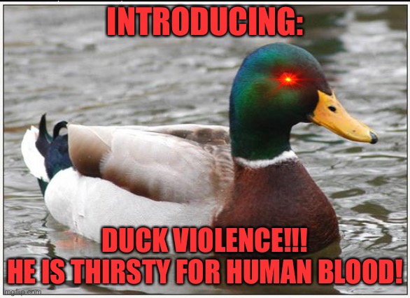Actual Advice Mallard Meme | INTRODUCING: DUCK VIOLENCE!!!
HE IS THIRSTY FOR HUMAN BLOOD! | image tagged in memes,actual advice mallard | made w/ Imgflip meme maker