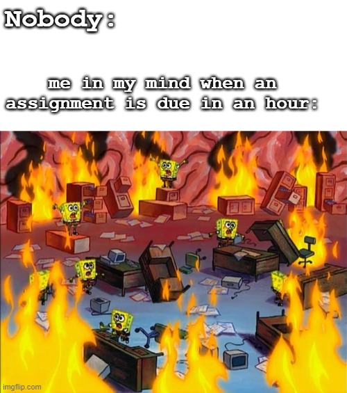 I literally have a meltdown when this happens tbh | Nobody:; me in my mind when an assignment is due in an hour: | image tagged in spongebob fire | made w/ Imgflip meme maker
