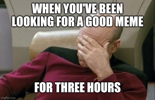 Captain Picard Facepalm Meme | WHEN YOU'VE BEEN LOOKING FOR A GOOD MEME; FOR THREE HOURS | image tagged in memes,captain picard facepalm | made w/ Imgflip meme maker