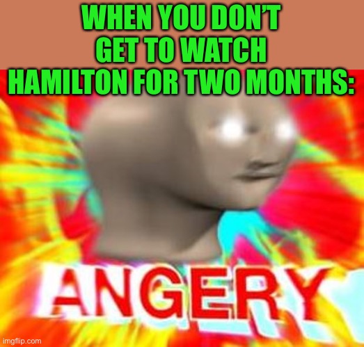 True lol | WHEN YOU DON’T GET TO WATCH HAMILTON FOR TWO MONTHS: | image tagged in surreal angery,memes,funny,hamilton,so true memes,musicals | made w/ Imgflip meme maker