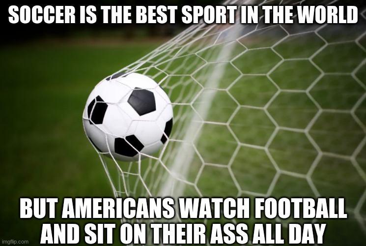 Soccer is the best sport and im not wrong | SOCCER IS THE BEST SPORT IN THE WORLD; BUT AMERICANS WATCH FOOTBALL AND SIT ON THEIR ASS ALL DAY | image tagged in soccer,best,sport | made w/ Imgflip meme maker