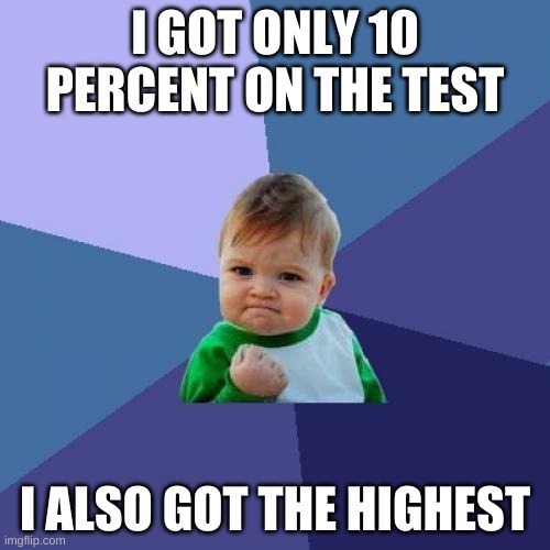 Success Kid Meme | I GOT ONLY 10 PERCENT ON THE TEST; I ALSO GOT THE HIGHEST | image tagged in memes,success kid | made w/ Imgflip meme maker
