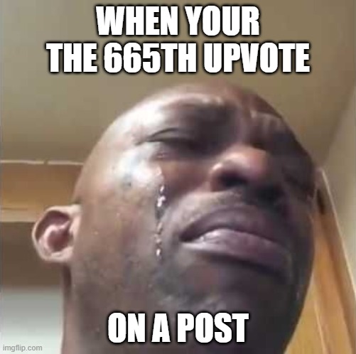 Crying guy meme | WHEN YOUR THE 665TH UPVOTE; ON A POST | image tagged in crying guy meme | made w/ Imgflip meme maker