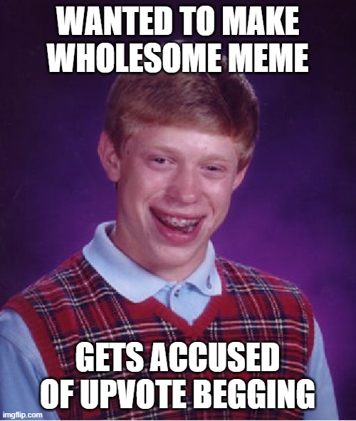 Bad Luck Brian Meme | WANTED TO MAKE WHOLESOME MEME GETS ACCUSED OF UPVOTE BEGGING | image tagged in memes,bad luck brian | made w/ Imgflip meme maker
