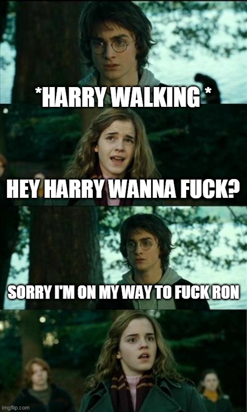 Horny Harry Meme | *HARRY WALKING *; HEY HARRY WANNA FUCK? SORRY I'M ON MY WAY TO FUCK RON | image tagged in memes,horny harry | made w/ Imgflip meme maker