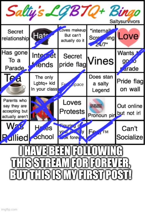 Hi! | I HAVE BEEN FOLLOWING THIS STREAM FOR FOREVER, BUT THIS IS MY FIRST POST! | image tagged in the pride bingo,blank white template | made w/ Imgflip meme maker