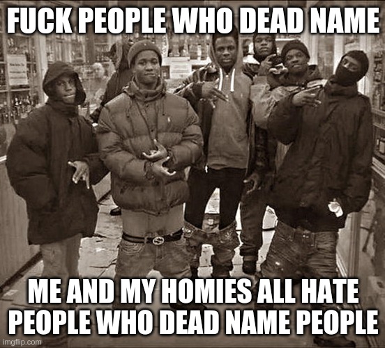 Fuck Transphobia | FUCK PEOPLE WHO DEAD NAME; ME AND MY HOMIES ALL HATE PEOPLE WHO DEAD NAME PEOPLE | image tagged in all my homies hate | made w/ Imgflip meme maker