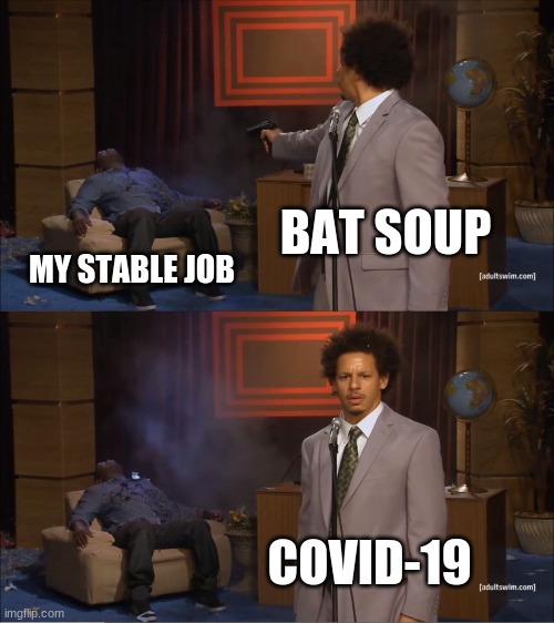 why me | BAT SOUP; MY STABLE JOB; COVID-19 | image tagged in memes,who killed hannibal | made w/ Imgflip meme maker