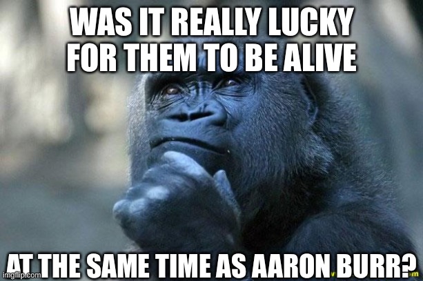 LOL | WAS IT REALLY LUCKY FOR THEM TO BE ALIVE; AT THE SAME TIME AS AARON BURR? | image tagged in deep thoughts,memes,funny,hamilton,aaron burr,musicals | made w/ Imgflip meme maker