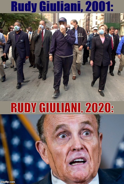 [Top: Masked up and walking with Clinton & everything!] [Bottom: This is your brain on Trump: kids, just say no] | image tagged in rudy giuliani then and now,don't do drugs,don't do it,rudy giuliani,giuliani,9/11 | made w/ Imgflip meme maker